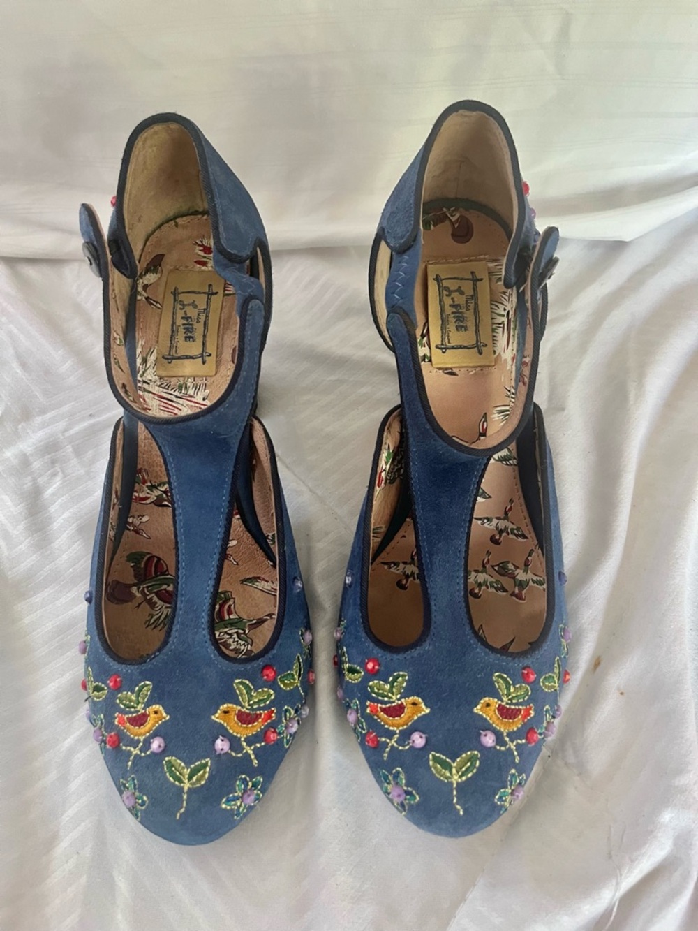 Anthropologie Miss L Fire Songbird Blue Suede Embroider SequinT-Strap Shoe 8/38